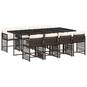 9 pcs conjunto jantar p/ jardim c/ almofadões vime PE castanho H
