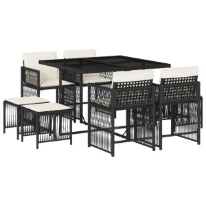 9 pcs conjunto de jantar p/ jardim c/ almofadões vime PE preto H
