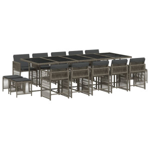 Set comedor de jardín con cojines 15 pzas ratán sintético gris H