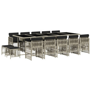 15 pcs conj. jantar jardim c/ almofadões vime PE cinzento-claro H