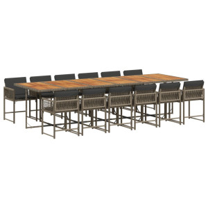 Set comedor de jardín con cojines 13 pzas ratán sintético gris H