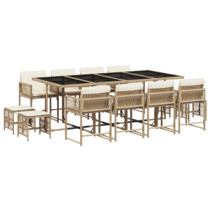 13 pcs conjunto de jantar p/ jardim com almofadões vime PE bege H