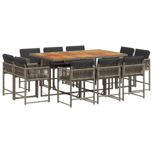 11 pcs conjunto jantar p/ jardim c/ almofadões vime PE cinzento H