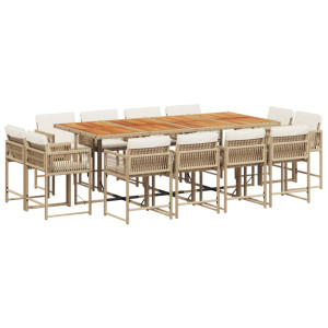 Set comedor de jardín con cojines 13 pzas ratán sintético beige H