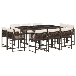 11 pcs conjunto jantar p/ jardim c/ almofadões vime PE castanho H