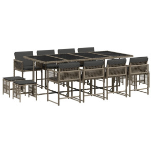 13 pcs conjunto jantar p/ jardim c/ almofadões vime PE cinzento H