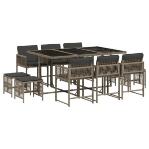 11 pcs conjunto jantar p/ jardim c/ almofadões vime PE cinzento H