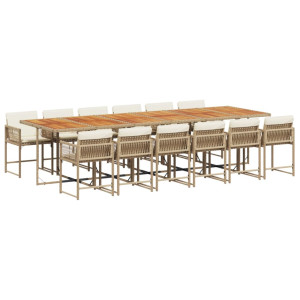 Set comedor de jardín con cojines 13 pzas ratán sintético beige H