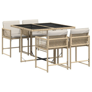 5 pcs conjunto de jantar p/ jardim com almofadões vime PE bege H