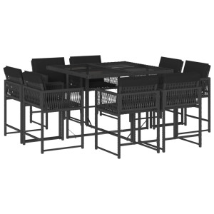 9 pcs conjunto de jantar p/ jardim c/ almofadões vime PE preto H