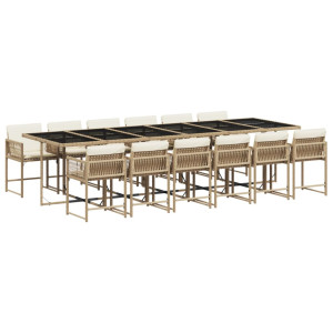 Set comedor de jardín con cojines 13 pzas ratán sintético beige H