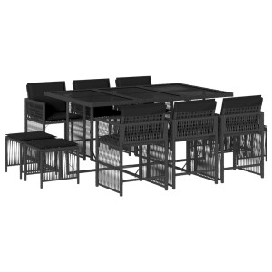 11 pcs conjunto de jantar p/ jardim c/ almofadões vime PE preto H