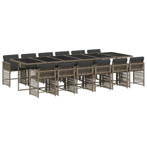 Set comedor de jardín con cojines 13 pzas ratán sintético gris H