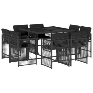 9 pcs conjunto de jantar p/ jardim c/ almofadões vime PE preto H