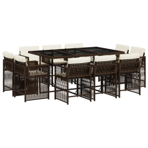 11 pcs conjunto jantar p/ jardim c/ almofadões vime PE castanho H