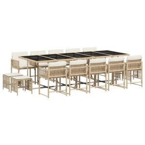 15 pcs conjunto de jantar p/ jardim com almofadões vime PE bege H