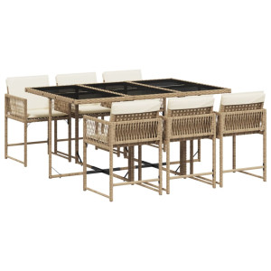7 pcs conjunto de jantar p/ jardim com almofadões vime PE bege H