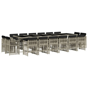 17 pcs conj. jantar jardim c/ almofadões vime PE cinzento-claro H