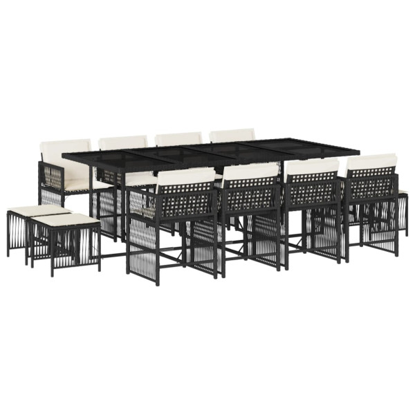 Set comedor de jardín con cojines 13 pzas ratán sintético negro M 2