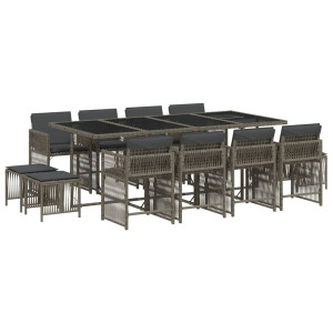 13 pcs conjunto jantar p/ jardim c/ almofadões vime PE cinzento H