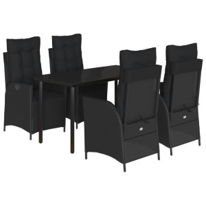 5 pcs conjunto de jantar p/ jardim c/ almofadões vime PE preto H