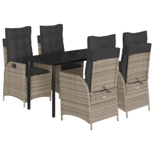 5 pcs conjunto de jantar p/ jardim c/ almofadões vime PE cinza H
