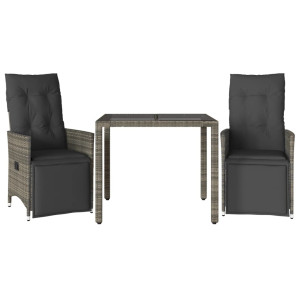 3 pcs conjunto bistrô de jardim c/ almofadões vime PE cinza H