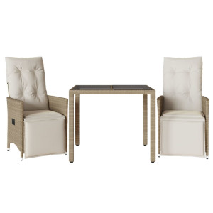 3 pcs conjunto de bistrô para jardim c/ almofadões vime PE bege H