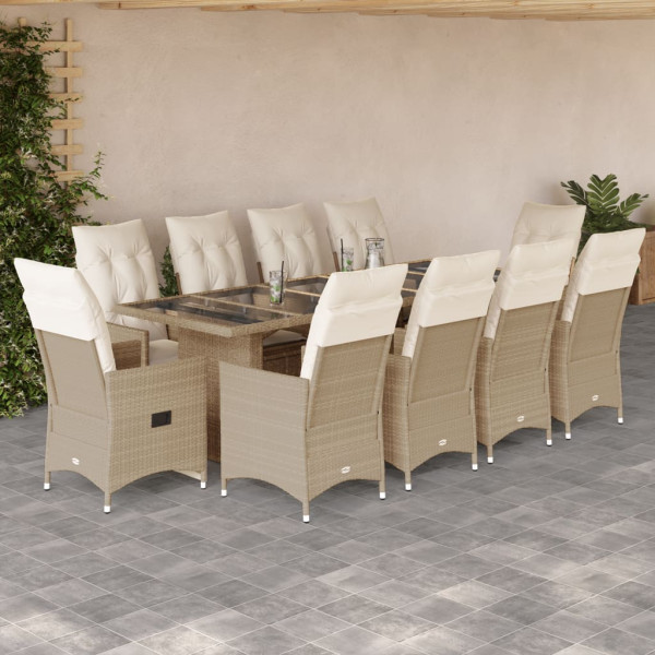 Set de mesa y sillas de jardín 11 pzas y cojines ratán PE beige D