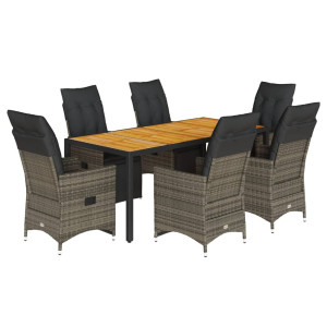 7 pcs conjunto bistrô de jardim c/ almofadões vime PE cinza H