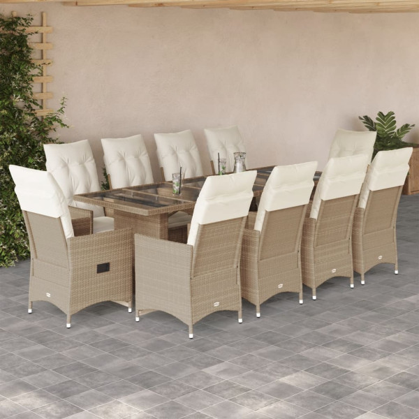 Set de mesa y sillas de jardín 11 pzas y cojines ratán PE beige D