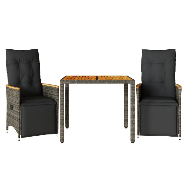 3 pcs conjunto bistrô de jardim c/ almofadões vime PE cinza M 2