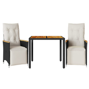 3 pcs conjunto bistrô de jardim c/ almofadões vime PE preto H