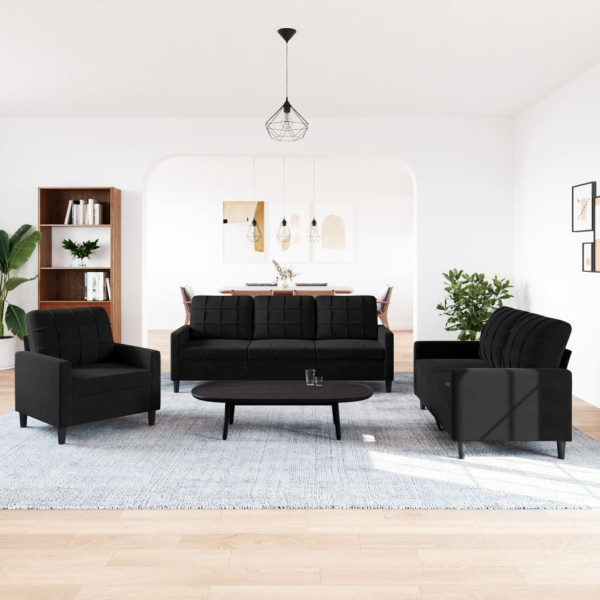 3 pcs conjunto de sofás com almofadões veludo preto M 3