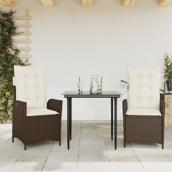 Set comedor de jardín 3 piezas y cojines ratán sintético marrón D