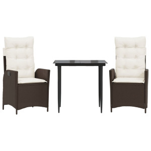 Set comedor de jardín 3 piezas y cojines ratán sintético marrón H