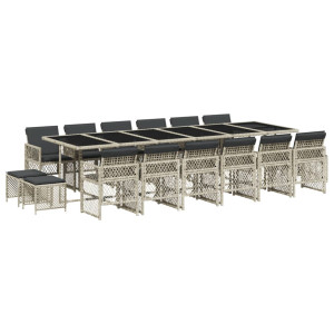 17 pcs conj. jantar jardim c/ almofadões vime PE cinzento-claro H