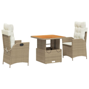 3 pcs conjunto de jantar p/ jardim com almofadões vime PE bege H
