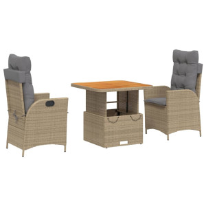 3 pcs conjunto de jantar p/ jardim com almofadões vime PE bege H