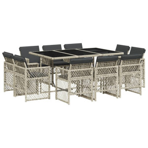11 pcs conjunto jantar p/ jardim c/ almofadões vime PE cinzento H
