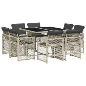 Set comedor de jardín 9 pzas cojines ratán sintético gris claro H