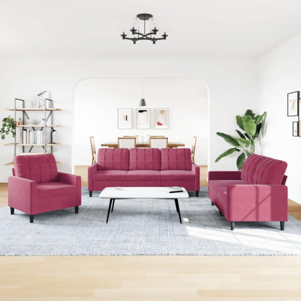 3 pcs conjunto de sofás com almofadões veludo vermelho tinto M 3