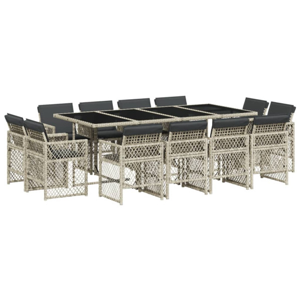 13 pcs conj. jantar jardim c/ almofadões vime PE cinzento-claro M 2