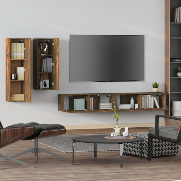 Set de muebles de TV 4 pzas madera contrachapada roble ahumado M 3