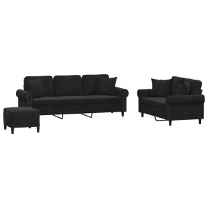 3 pcs conjunto de sofás com almofadas veludo preto H