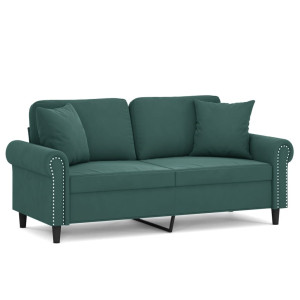 Sofá 2 lug. c/ almofadas decorativas 140cm veludo verde-escuro H