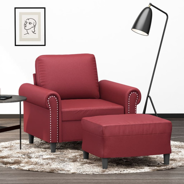 Sillón con taburete cuero sintético rojo tinto 60 cm D
