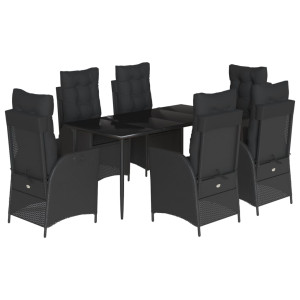 7 pcs conjunto de jantar p/ jardim c/ almofadões vime PE preto H