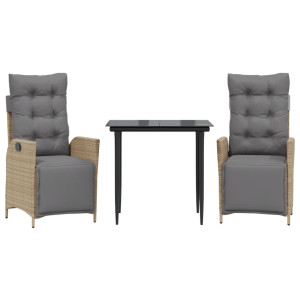 Set comedor de jardín 3 pzas con cojines ratán sintético beige H