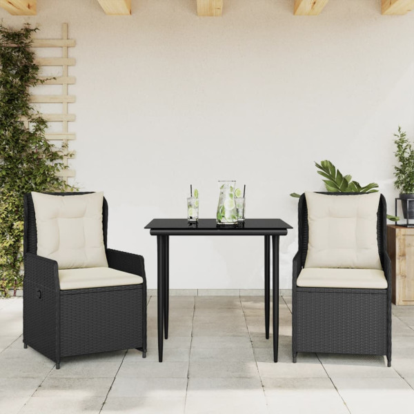Set comedor de jardín 3 pzas con cojines ratán sintético negro D
